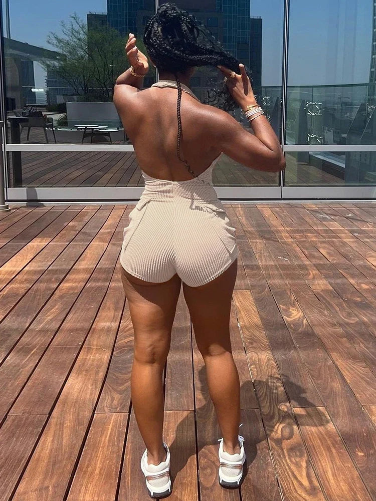 Casual Knitting Playsuit Sexy Halter Backless Rompers Basics Splice Pockets Hollow Vest Fall And Winter Women Streetwear