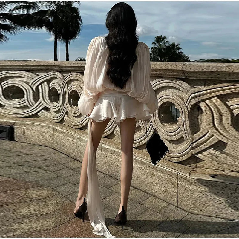 Keyhole Tie Neck Pleated Bishop Sleeve Tiered Ruffle Skirt Set