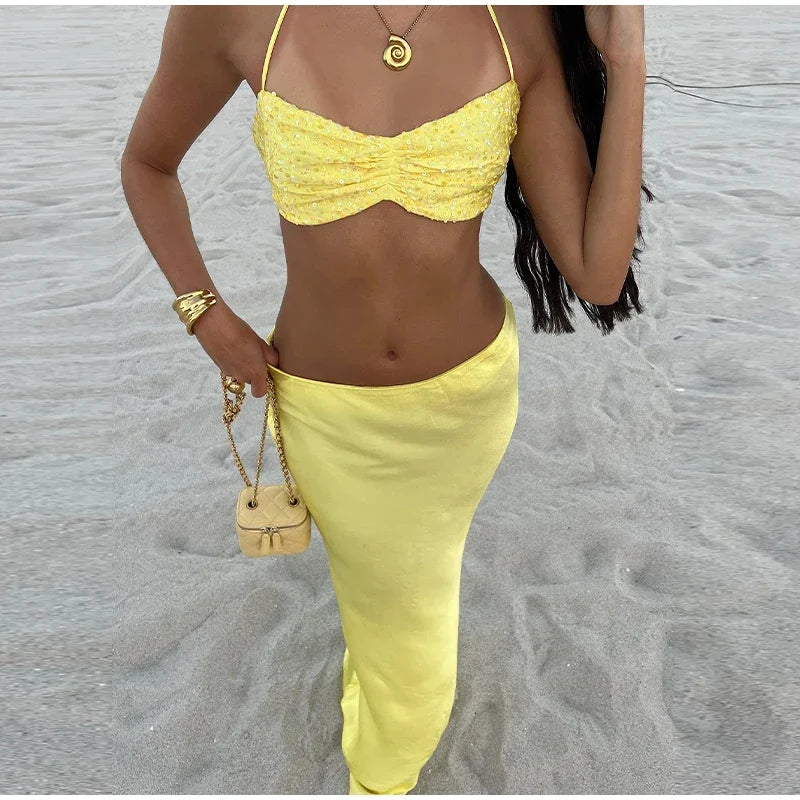 Sexy Sequined Bikini Top Skirt Sets Women Halter Lace Up Backless Crop Top Hip Package Long Skirts 2025 Summer Lady Beach Suits