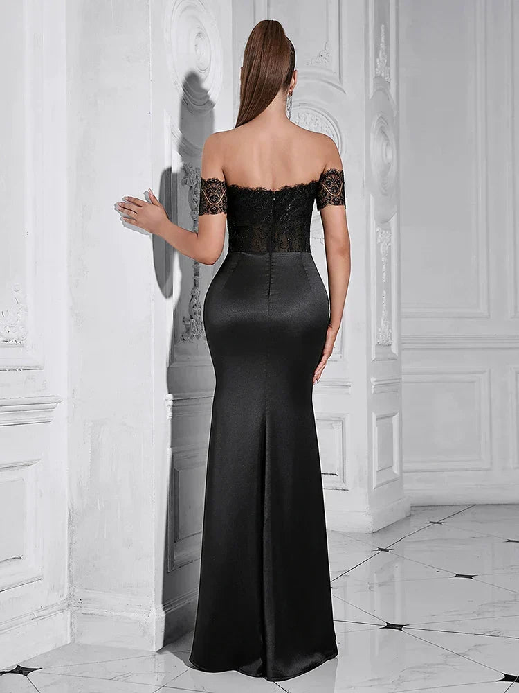 Off Shoulder Lace Corset Bodice Satin Ruched Center Maxi Gown