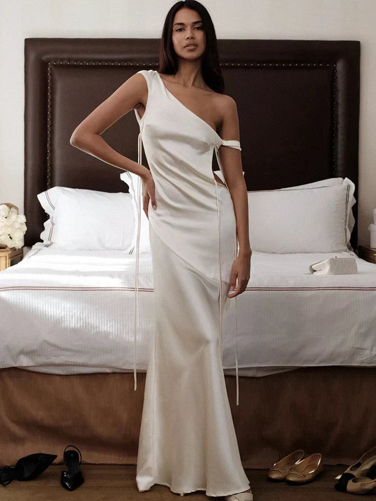 One Shoulder Side Cutout Tie Strap Satin Draped Backless Maxi Gown