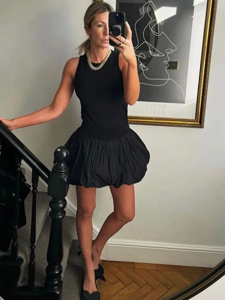 Elegant Backless Smocked Mini Dress Women's Sexy High Waist Solid Color Sleeveless Patchwork Ruffle Party Dress Mini Dress