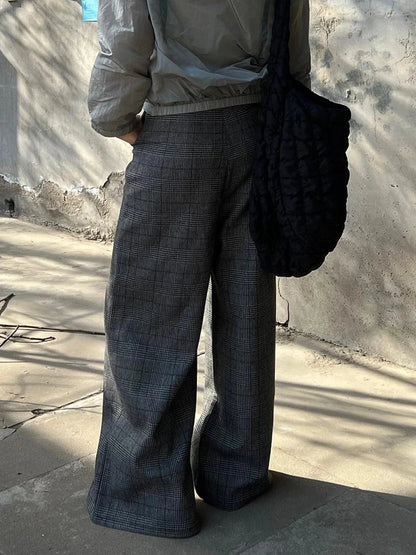 Vintage Women Tartan Bootcut Suit Pants Checkered Draped Tweed Long Trousers High Waist Wide Leg Pants Casual Streetwear
