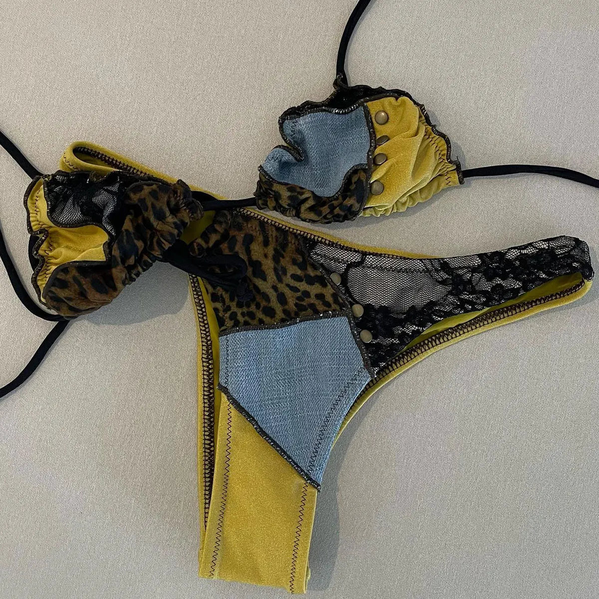 Patchwork Swimsuit Print Bikini Swimwear Swimsuit Women Separates Bead Swimwear Two Piece Side Straps Swimsuit Bathing Suit