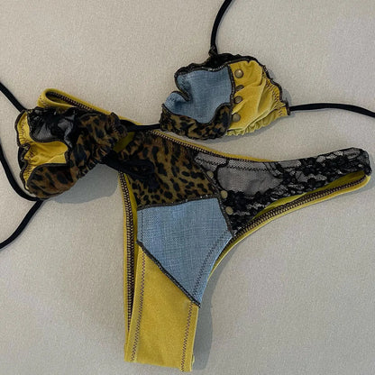 Patchwork Swimsuit Print Bikini Swimwear Swimsuit Women Separates Bead Swimwear Two Piece Side Straps Swimsuit Bathing Suit