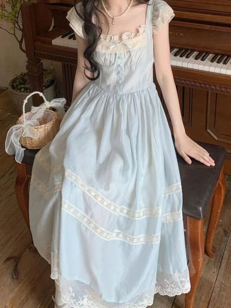 Summer French Retro Style Dress Women Sweet Lace Edge Flutter Sleeve Clothes Bow Blue Long Dresses Elegant Chic Style New