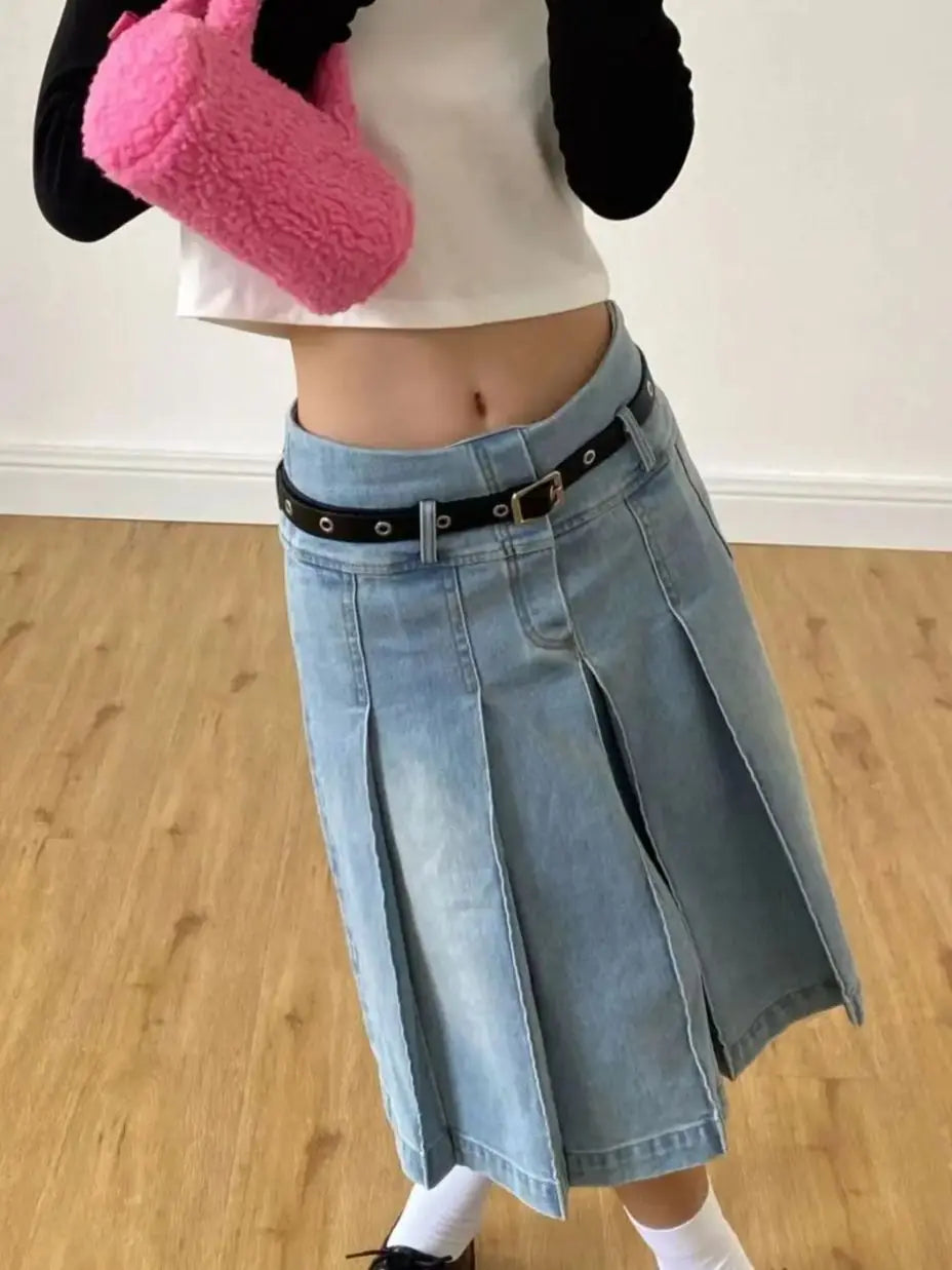 Denim Pleated Skirt High Waist Y2k Streetwear Women Vintage A-Line Distressed Knee-Lenght Jeans Skirt Japanese Fashion Versatile