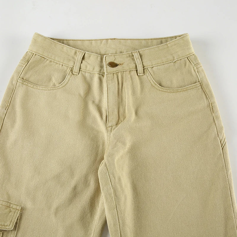 Y2K Casual Women Straight Jeans Khaki Fashion Pocket Cargo Pants Retro 90s Loose Denim Trousers Spring High Street
