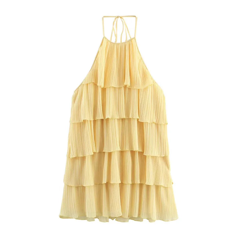 Sexy Halter Cascading Ruffles Mini Dress Women Solid Sleeveless Backless Slim Cake Dresses 2025 Summer Lady Party Beach Robes