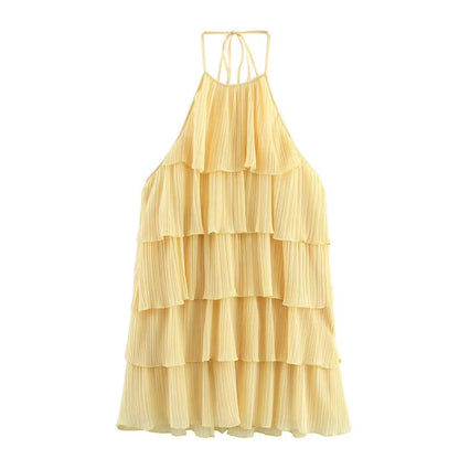 Sexy Halter Cascading Ruffles Mini Dress Women Solid Sleeveless Backless Slim Cake Dresses 2025 Summer Lady Party Beach Robes