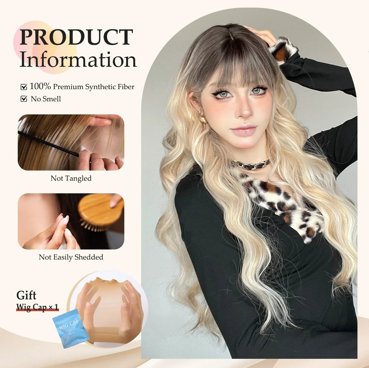 Ombre Blonde Wig with Bangs Long Wavy Wig for Women Highlight Platinum Curly Synthetic Wig Cosplay Party Daily Heat Resistant