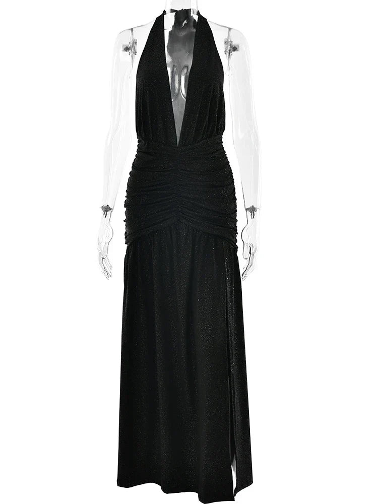 Glitter Halter Plunge V Neck Ruched Slit Maxi Dress