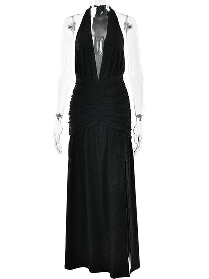 Glitter Halter Plunge V Neck Ruched Slit Maxi Dress