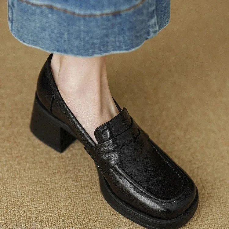 Thick Square with Single Shoe Women's Vintage French Sheepskin Loafers Vintage High-heeled Small Leather Shoes