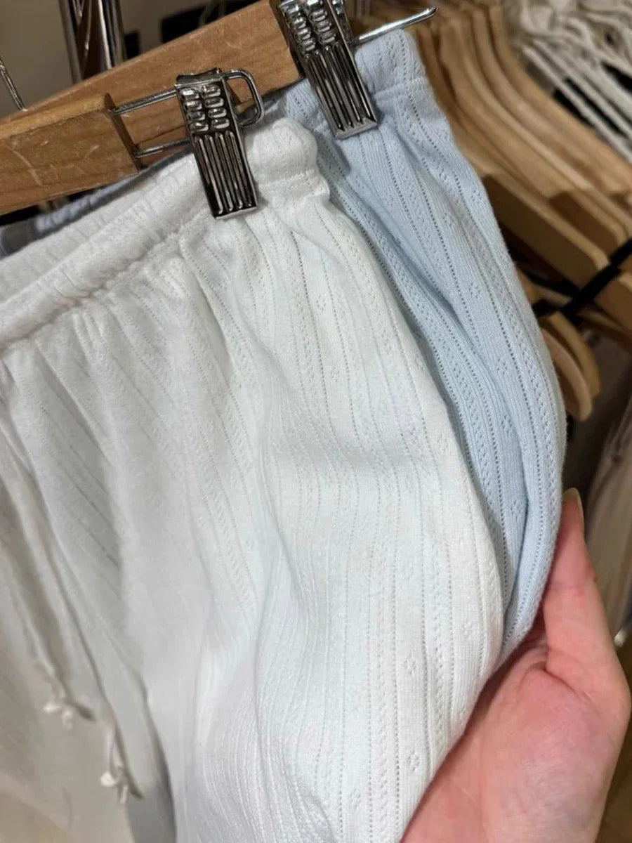 Vintage Eyelet Drawstring Straight Long Pants Women Autumn High Waist Cotton Solid Trousers Simple Sweet Home Pajama Pants Y2K