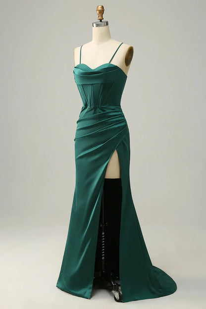 Elegant Vintage Green Blue Prom Gown with Spaghetti Straps Leg Split Evening Party Dress Outfit for Women Wedding Guest