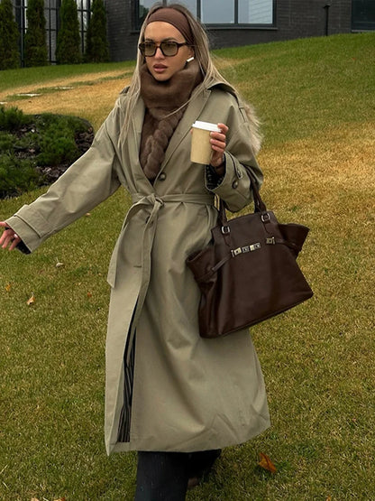 Vintage Splicing Striped Khaki Trench Women Retro Lapel Single-Breasted Long Windbreaker Lady Autumn Elegant Chic Street Outwear