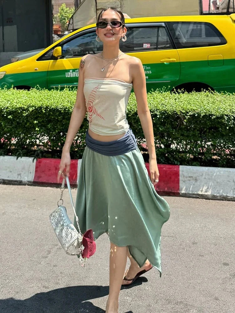 Sexy Vacation Style 2 Piece Set Woman Star Print Wrap Chest Backless Tank Tops+Color Blocking Long Skirts Streetwear