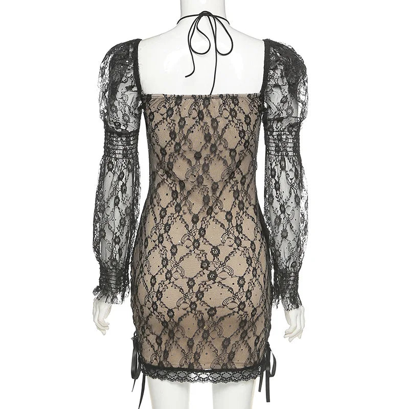 Sexy Halter Collar Hollow Out Lace Patchwork Puff Sleeve Mini Dress Bandage Hem Package Hips Ladies Party Robe