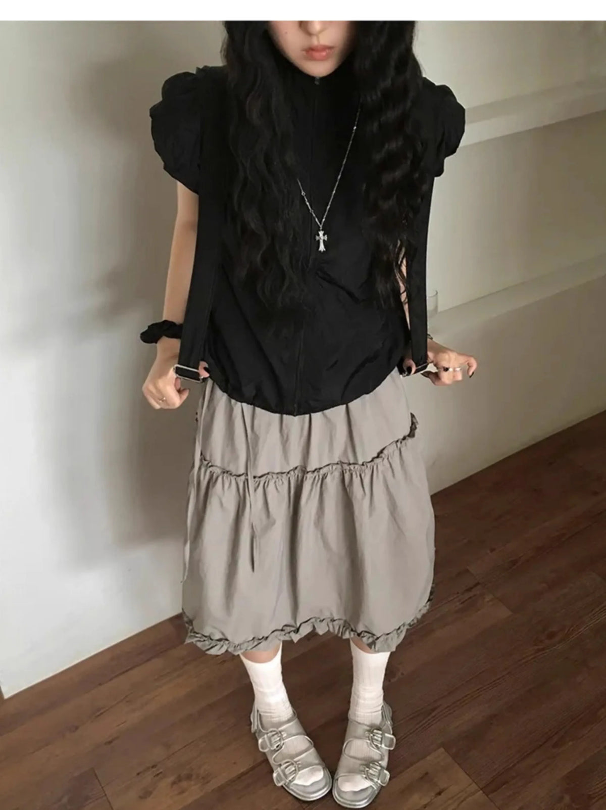 Korean Niche Retro Lace Patchwork Design Elastic and Versatile Slimming A-line Skirt