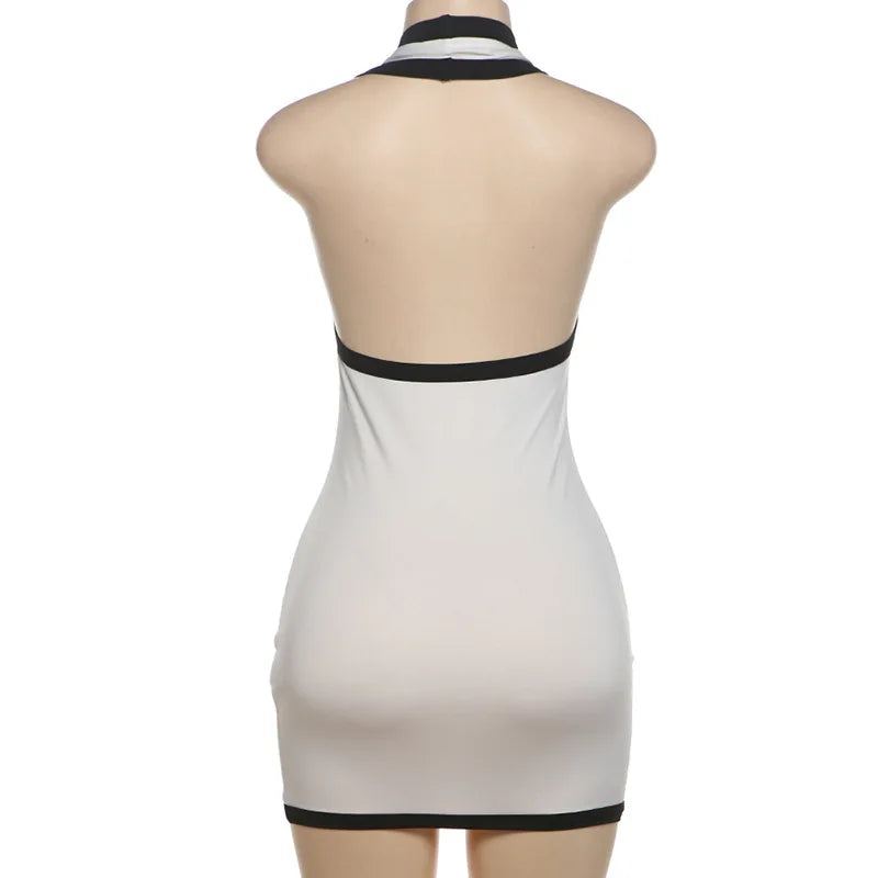 Deep V Halter Neck Contrast Trim Binding Bodycon Mini Dress