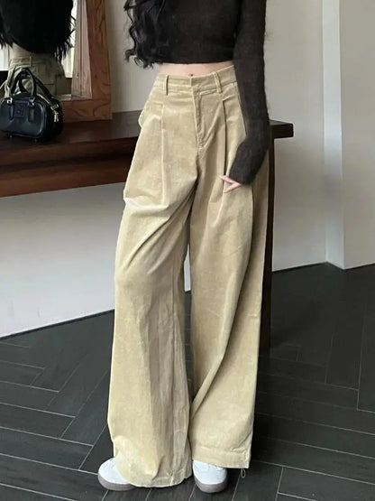 2024 Spring Autumn New Women Maillard Retro Casual Pants Pleated High Waisted Street Chic baggey Corduroy Wide Leg Long Trousers