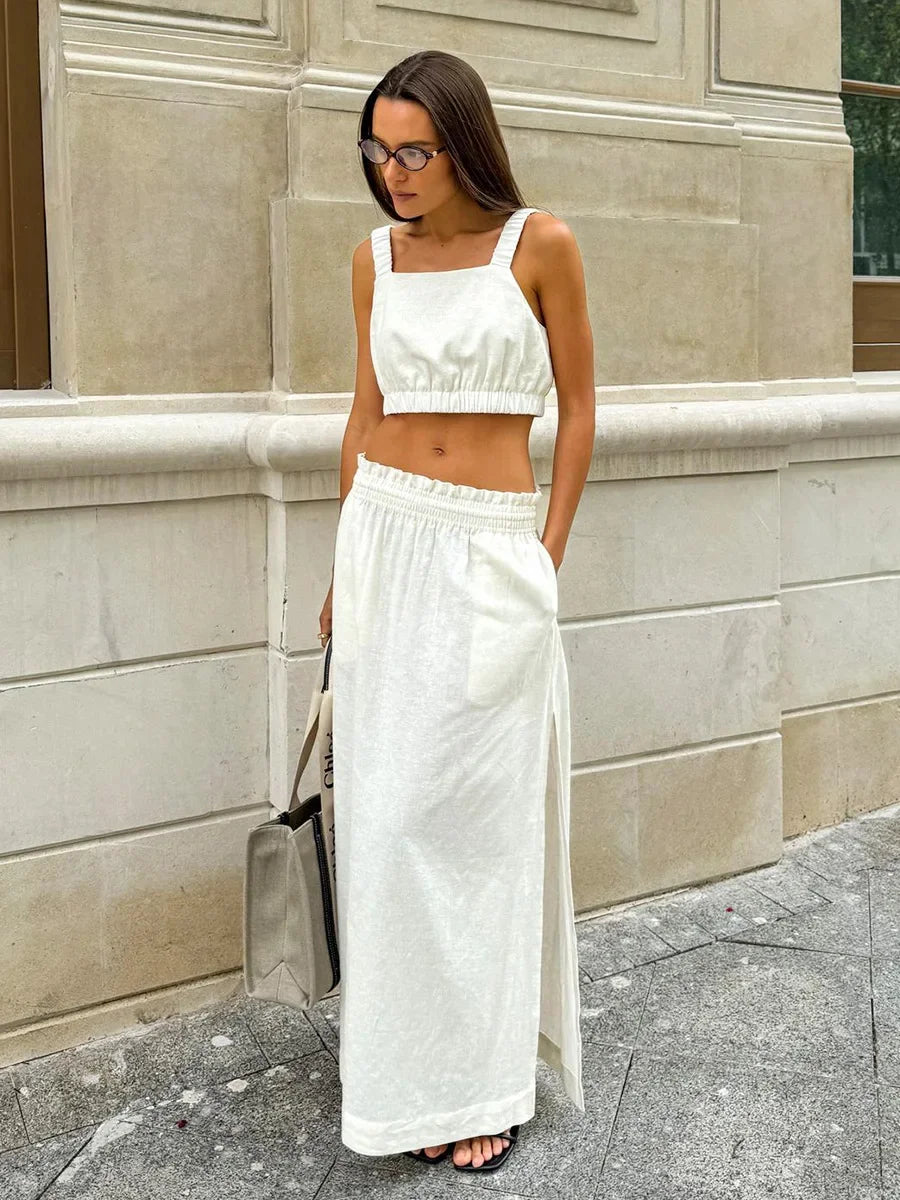 Wolfeel Summer Cotton Linen Women's Suspender Half Skirt Set Chic Short Vest Casual Set Female Split Long Skirt Matching Sets
