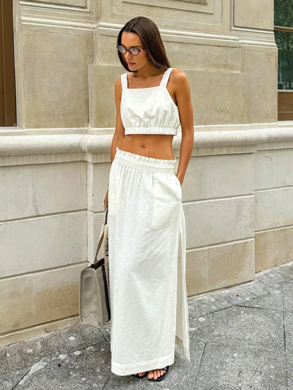 Wolfeel Summer Cotton Linen Women's Suspender Half Skirt Set Chic Short Vest Casual Set Female Split Long Skirt Matching Sets