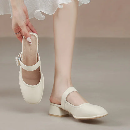 Square heel Female Shoes Ladies' Slippers Cover Toe String Bead Med Luxury Slides Block 2025 Summer Soft Designer Sewing Hoof He