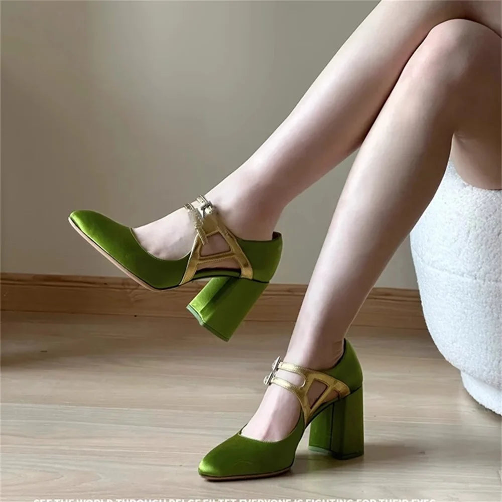 Satin Zapatos Para Mujeres Metal Color Splice Shoes For Woman Square Toe Heeled Sandals Chunky Heels Туфли Женские Soft Leather