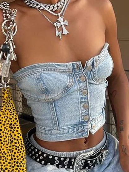 Off Shoulder Denim Corset Tops Clubwear Aesthetic Slim Milkmaid Bodycon Tees Y2K Buttons Crop Bustier Party Sexy