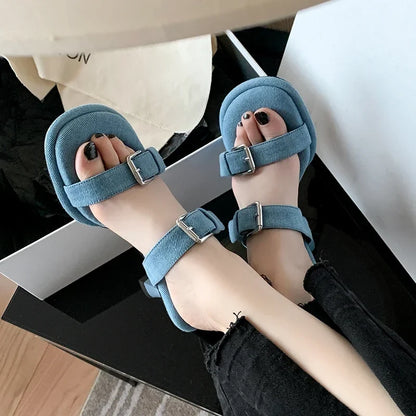 New Blue Denim Jeans Slippers Women Outdoor Mules Mid Heels Fashion Metal Buckle Designer Sandals Square Toe Ladies Slides