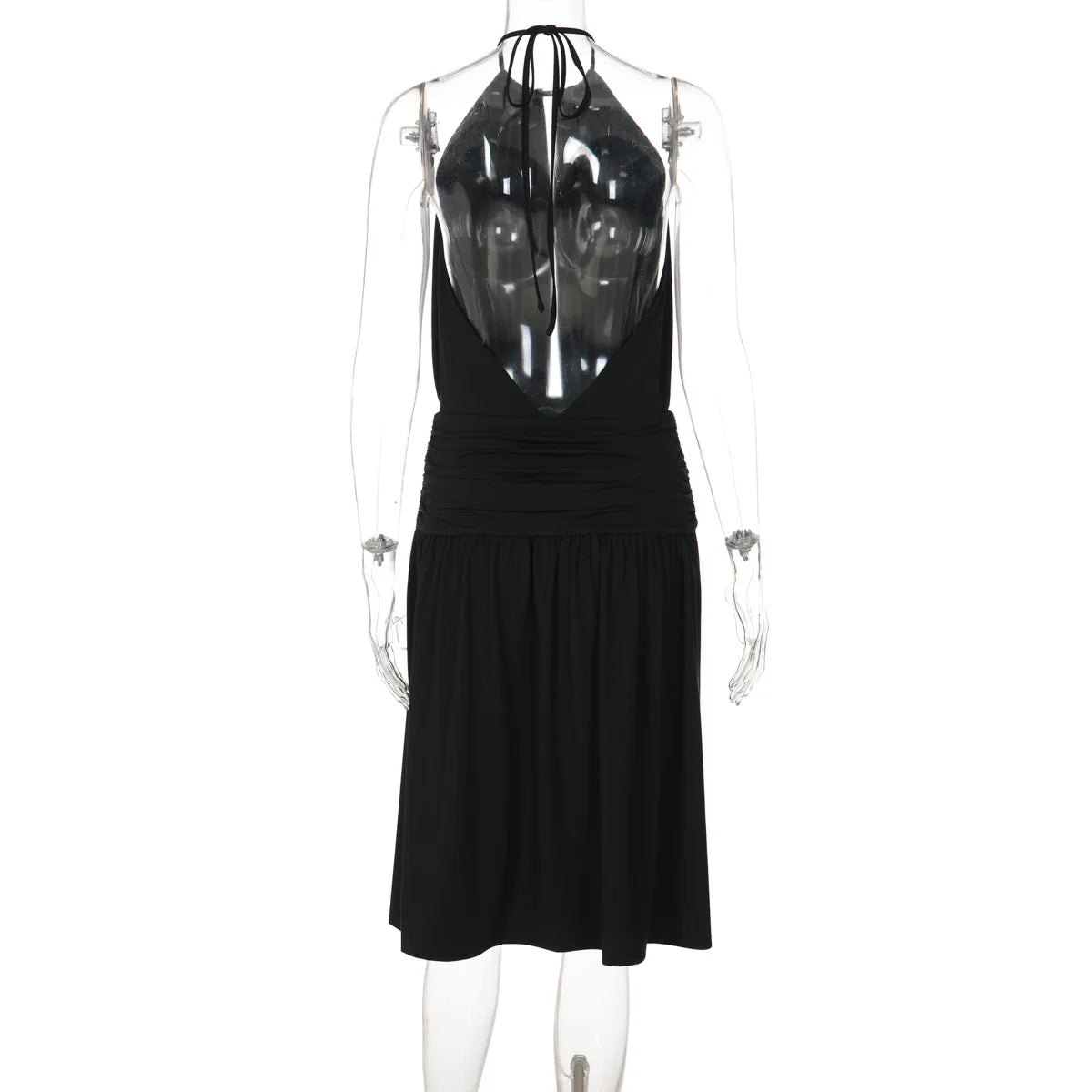 Elegant Women Streetwear Vacation Dresses Sexy Deep V-Neck Halter Dress Black Ruched Backless Lace Up Split Long Dress
