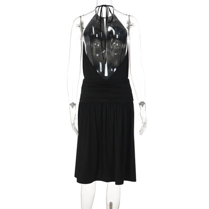 Elegant Women Streetwear Vacation Dresses Sexy Deep V-Neck Halter Dress Black Ruched Backless Lace Up Split Long Dress
