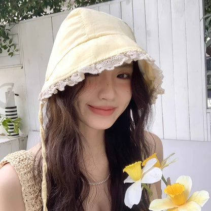 Japanese Retro Y2K Lace Edge Loli Hats for Women Spring and Summer Travel Photo Versatile Sunscreen Sweet Strap Sun Hat