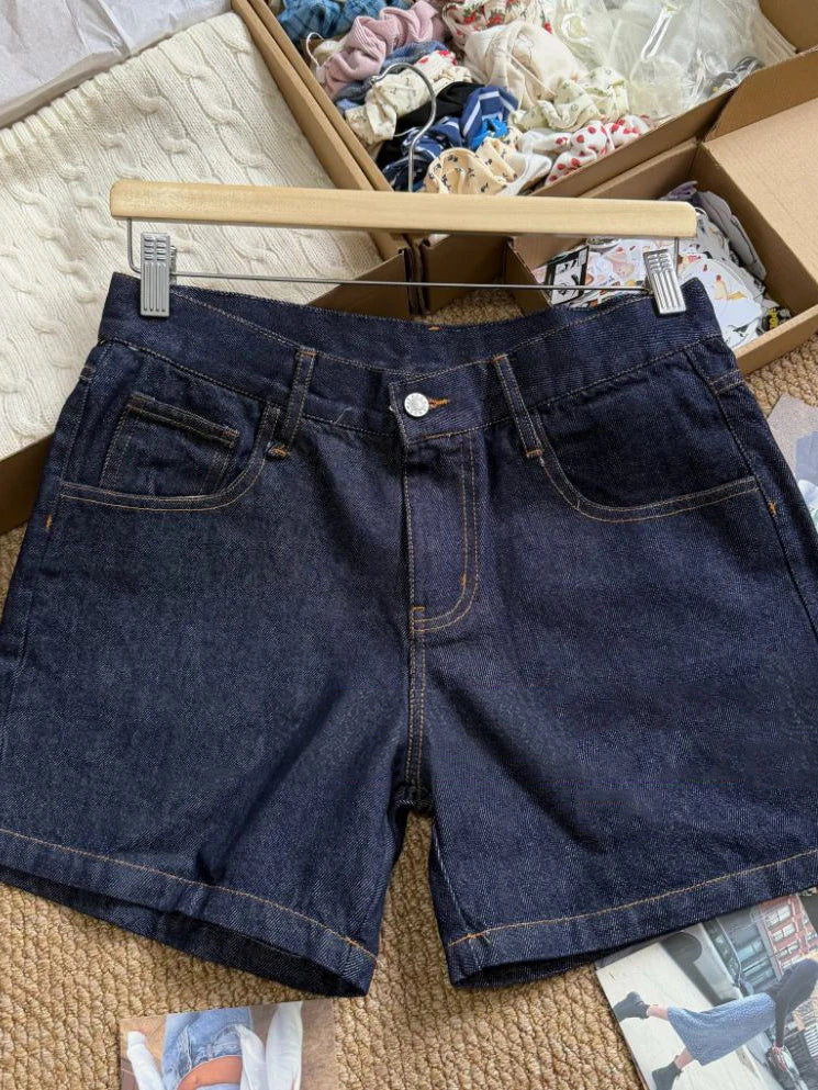Deep Blue Denim Knee Length Shorts Woman Summer Back Pockets Cotton Jeans American Vintage Streetwear Boyfriend Style Short Pant