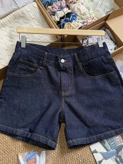 Deep Blue Denim Knee Length Shorts Woman Summer Back Pockets Cotton Jeans American Vintage Streetwear Boyfriend Style Short Pant