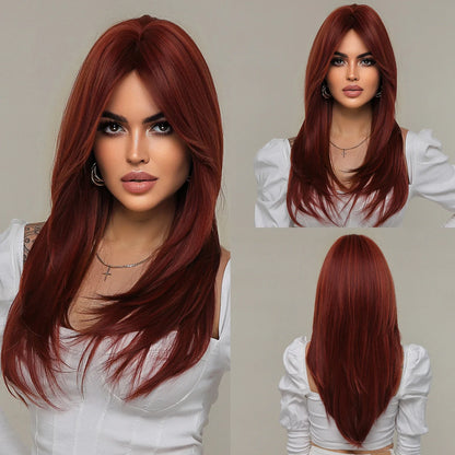Black Highlight Rose Red Wig With Curtain Bangs 18inch Natural Layered Straight Synthetic Wig For Women Christmas Party Cosplay