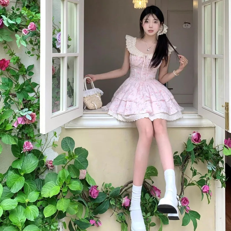 Dresses Women Sweet Floral Printed Flying Sleeve Square Collar Slim Lace Patchwork Ruffles Bandage Party Mini Dress