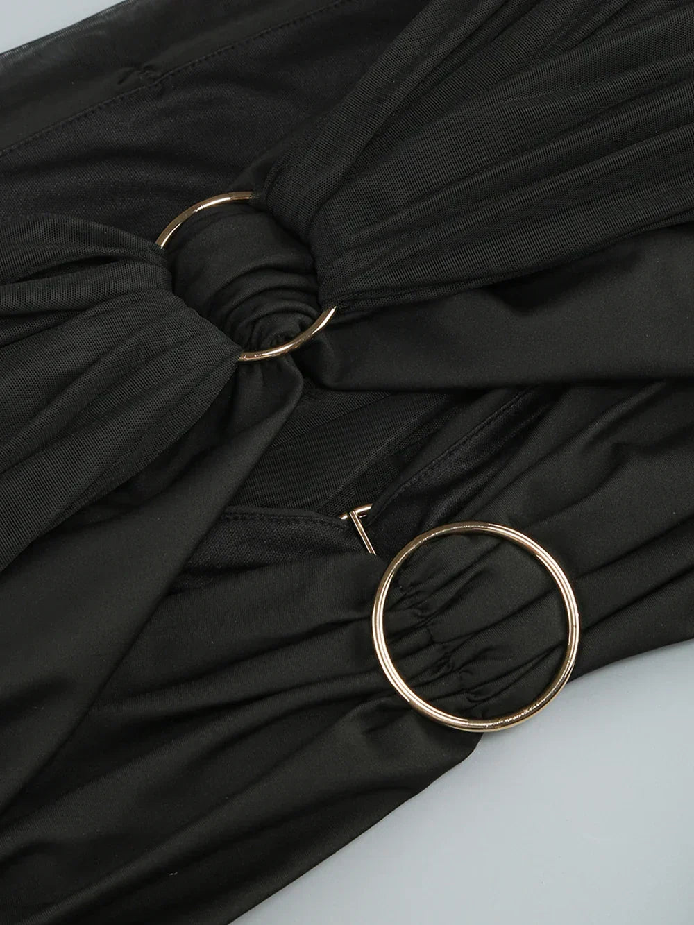 Off Shoulder Mesh Ring Buckle Cutout Hooded Cape Maxi Dress