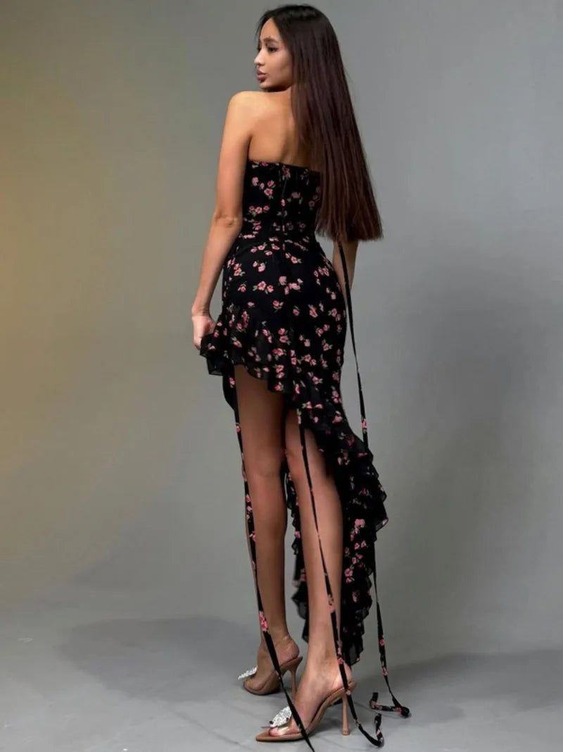 Women's Floral Print Bandage Suspender Holiday Dress Sexy Summer Lace-up Sleeveless Irregular Mesh Ruffles Black Evening Dresses