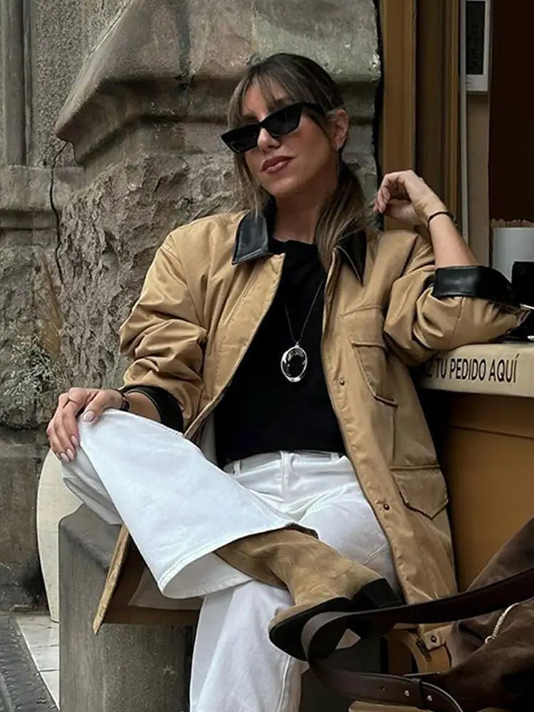 Classic Vintage Women's Jacket Splicing Leather Lapel Neck Jackets New Autumn Winter Fashion Women Coat Casual Ladies Outerwear