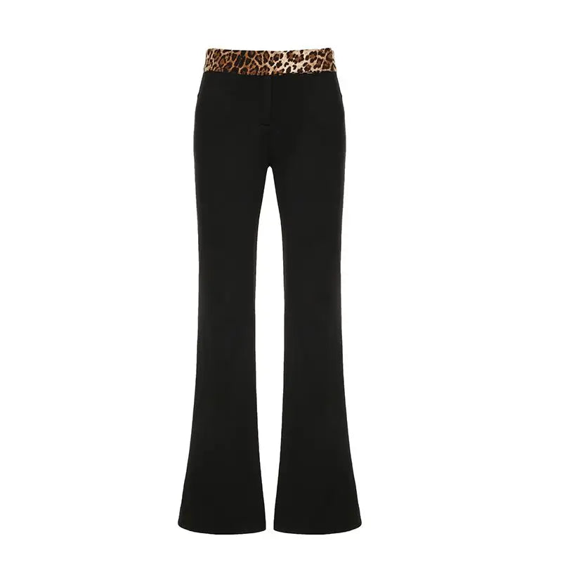 Leopard Print Patchwork Low Waist Flared Pants For Women To Slim Down Fashionable 2024 Spring Casual Solid Color Trousers