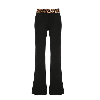 Leopard Print Patchwork Low Waist Flared Pants For Women To Slim Down Fashionable 2024 Spring Casual Solid Color Trousers