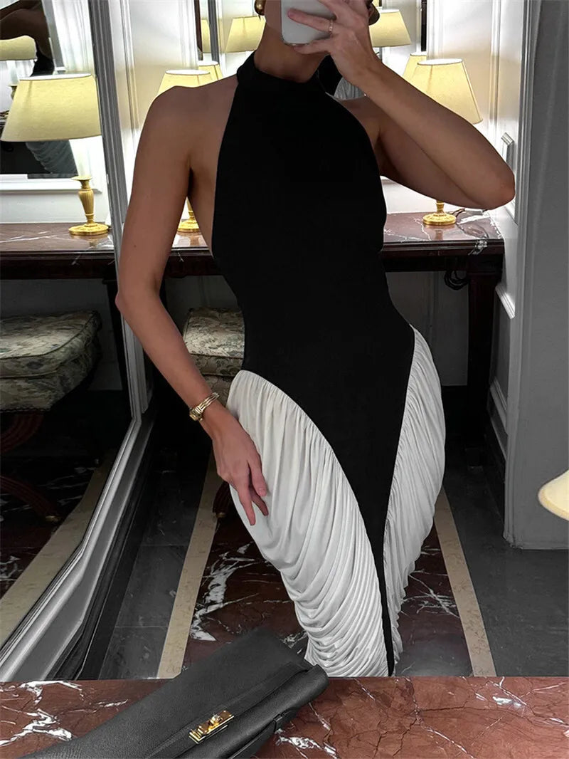 Halter Contrast Panel Gathered Side Bubble Midi Dress