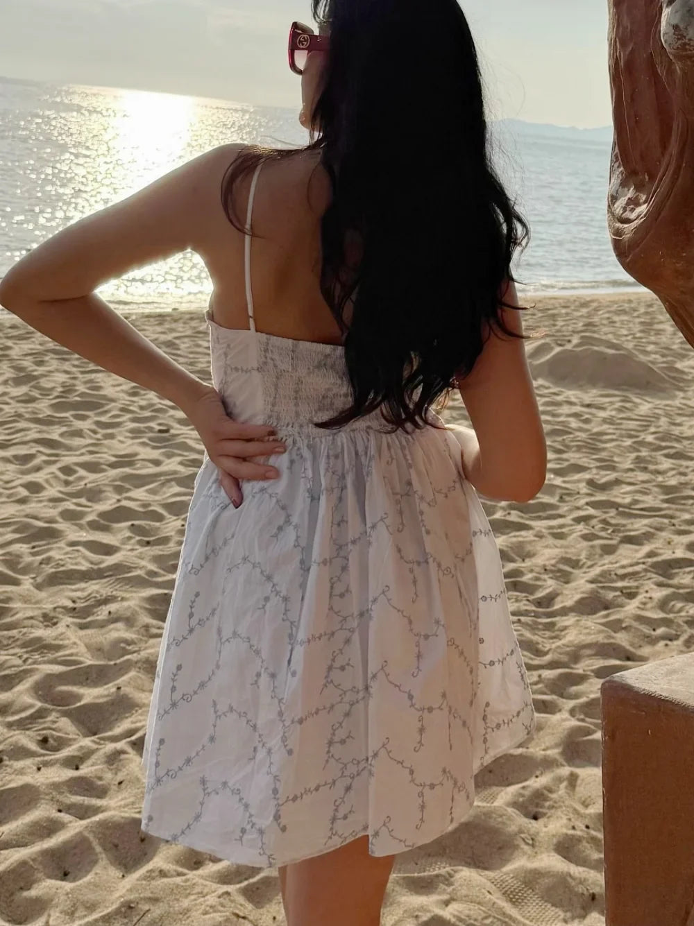 Summer Elegant Embroidery Sling Mini Dress For Women Holiday Sleeveless Backless V-Neck Pocket Side Zipper Causal Dresses