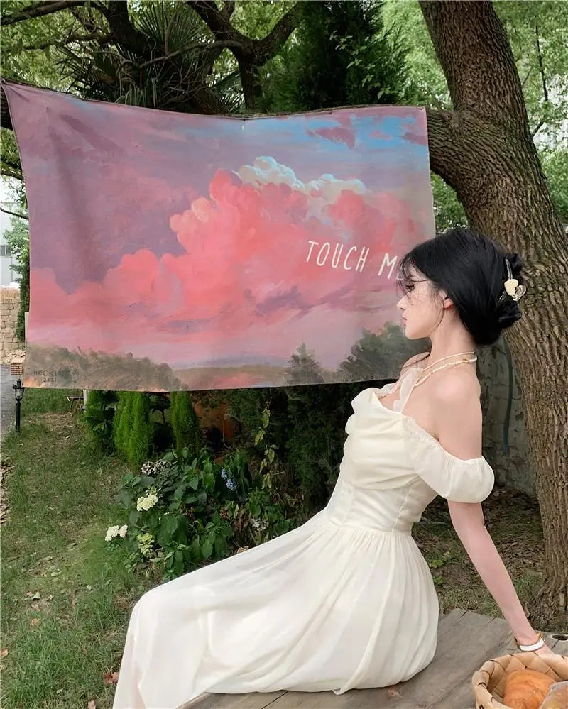 Summer Women Halter Midi Dress Elegant Female Chiffon Square Neck Party One Pieces Dresses French Solid New Vestidos Robe