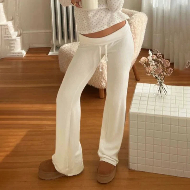 Drawstring Solid Women Slacks Turndown Waist Straight Casual Pants Concise Knitted Sweatpants All-matched Trousers Home