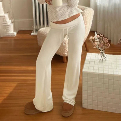 Drawstring Solid Women Slacks Turndown Waist Straight Casual Pants Concise Knitted Sweatpants All-matched Trousers Home