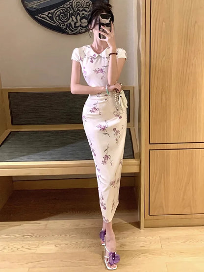 Woman Dress Sexy Peter Pan Collar Floral Printed Slim Vintage Elegant Summer Fashion Temperament Party Dresses Female